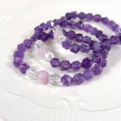 Faceted Amethyst Kunzite and Clear Quartz bracelet for Life Harmony
