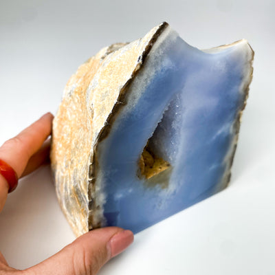 Blue Chalcedony geode with Desert Rose formation