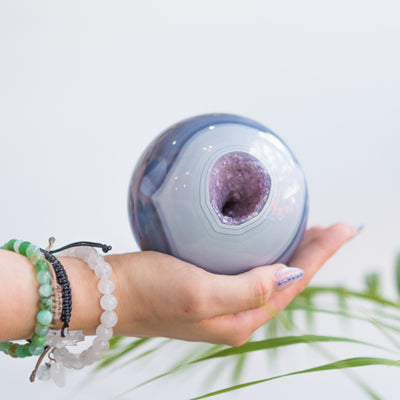 Blue Lace Agate Sphere with Amethyst Geode