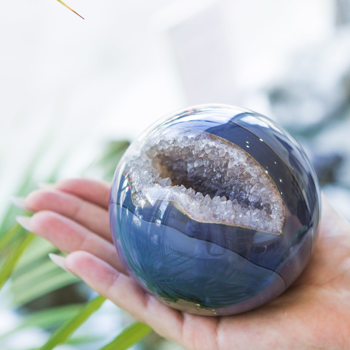 Blue Lace Agate Sphere with Quartz Geode