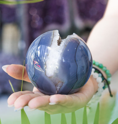 Blue Lace Agate Sphere with Quartz Geode