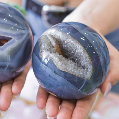 Blue Lace Agate Sphere with Quartz Geode