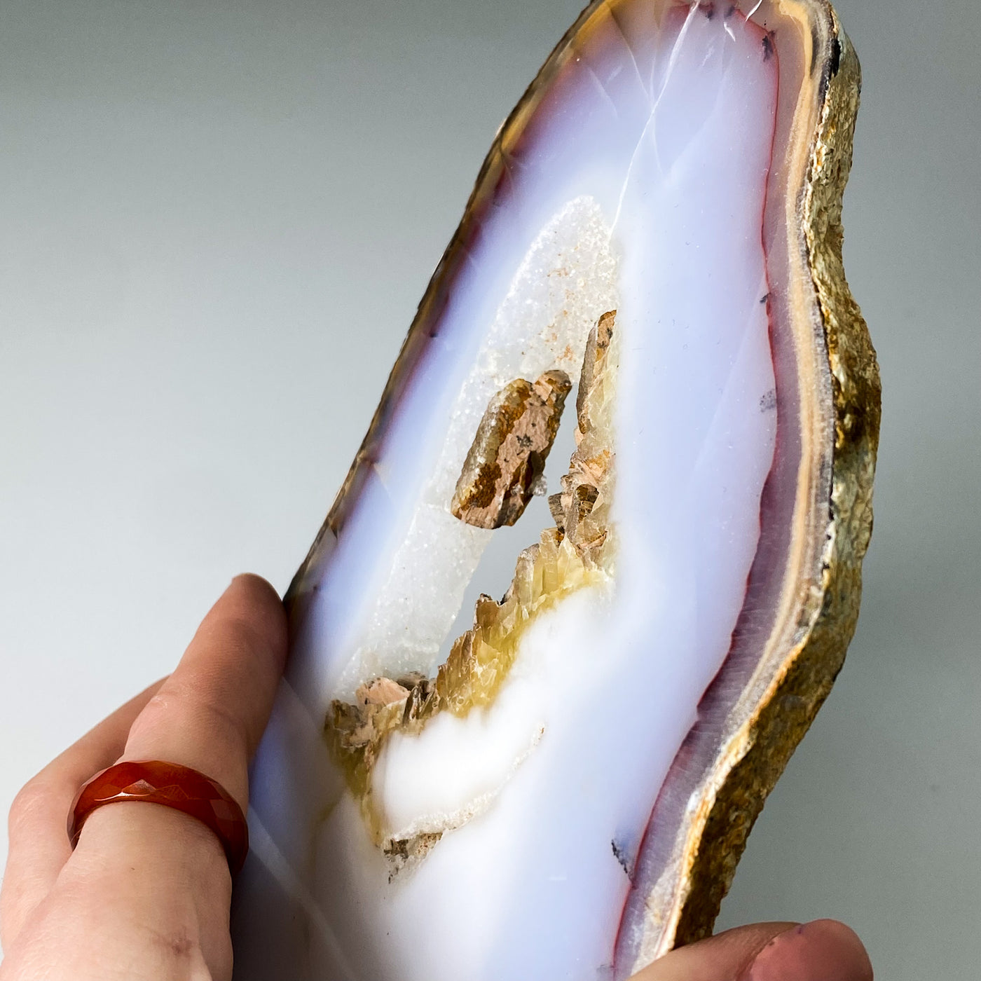 Blue Chalcedony with Hematite and Desert Rose inclusions