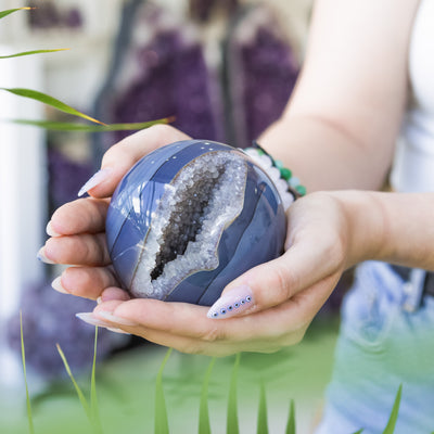 Blue Lace Agate Sphere with Quartz Geode